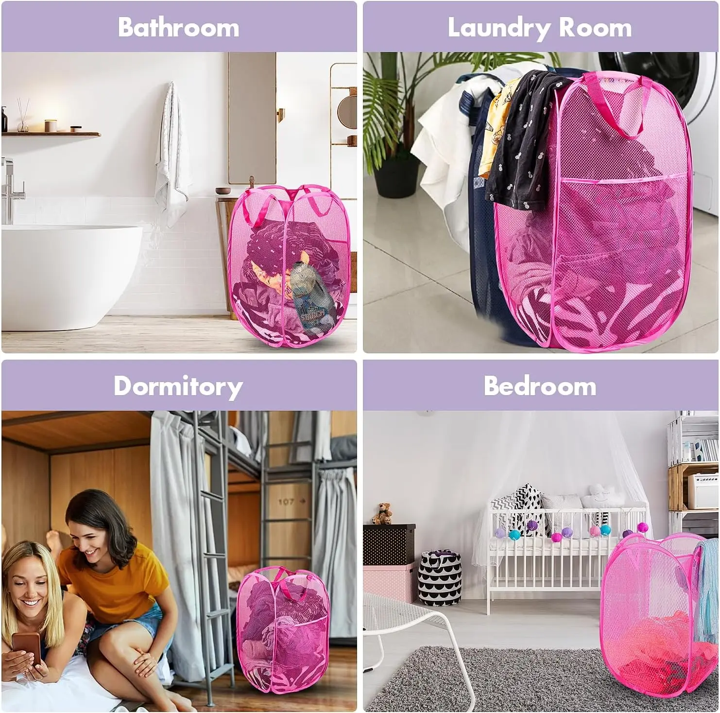 Pop Up Laundry Hamper 70L Collapsible Mesh Basket with Side Pocket and Sturdy Handles for Dorm Bedroom Travel Storage Pink - view 6