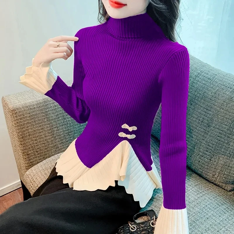 

Spring Autumn Lrregular Slim-fit Sweater Splicing Bottom Shirt New Chinese Sweater Fashion Joker Outgoing Gas Ladies'Slim Top