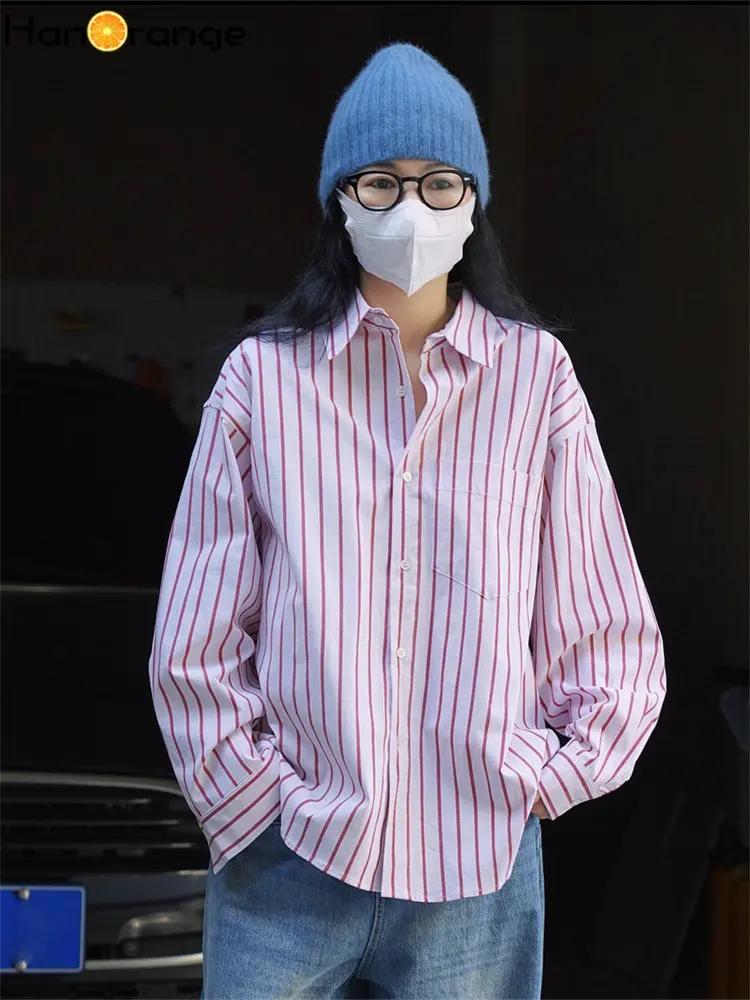 

HanOrange 2024 Spring Fashion Minority Vertical Stripe Shirt Women Lazy Folded Long Sleeve Casual Top Female Dark Blue/Pink