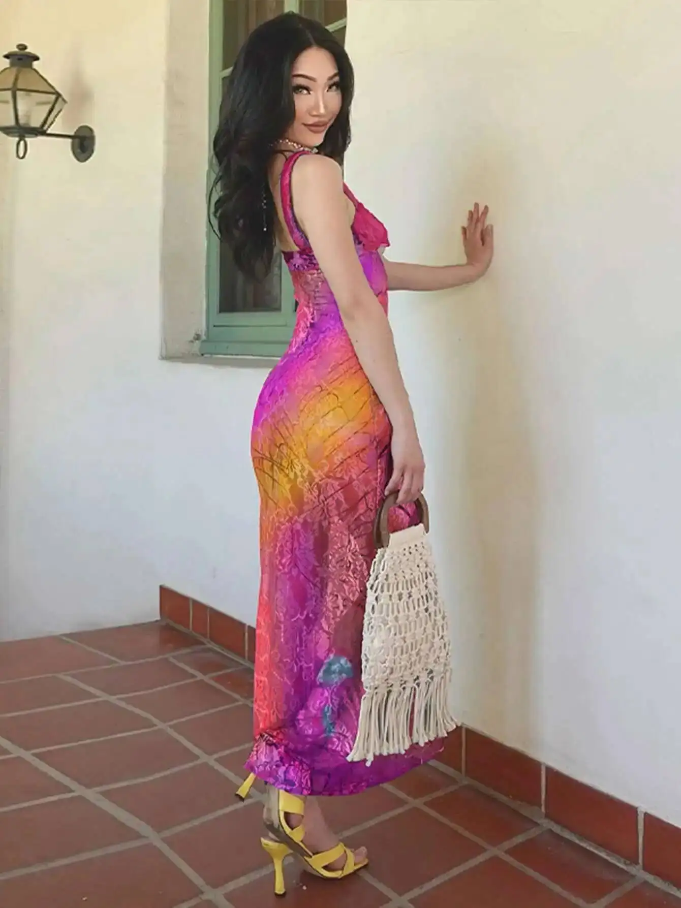 Robe Maxi découpée en dentelle imprimée, moulante, Sexy, tenue de soirée, Club Y2K, Streetwear, robe à bandes, robes de bal classiques, PQ7W