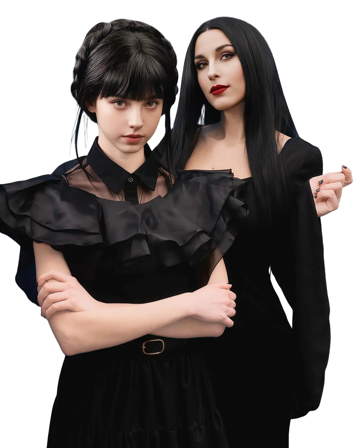 Synthetische lange zwarte pruik voor vrouwen Halloween kostuum 30'' rechte lange zwarte pruik natuurlijke schattige pruik voor vrouwen, Morticia Addams pruik