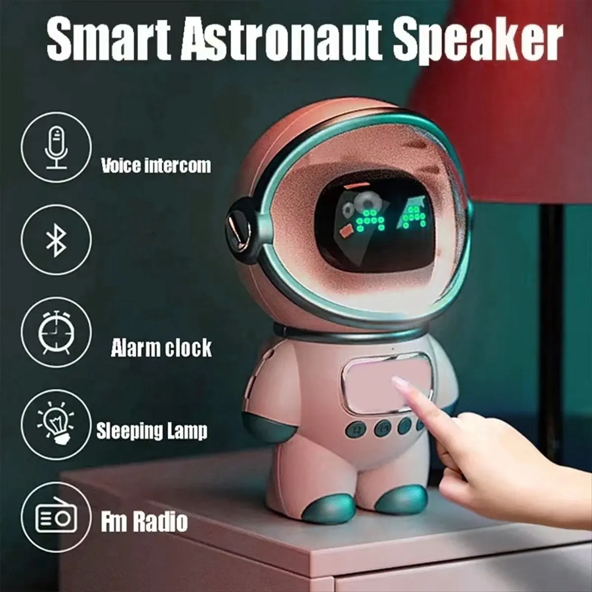 A32I Smart Astronaut Bluetooth Speaker Portable Stereo Ai Interactive Audio with Alarm Clock Support TF/FM Table Clock Pink