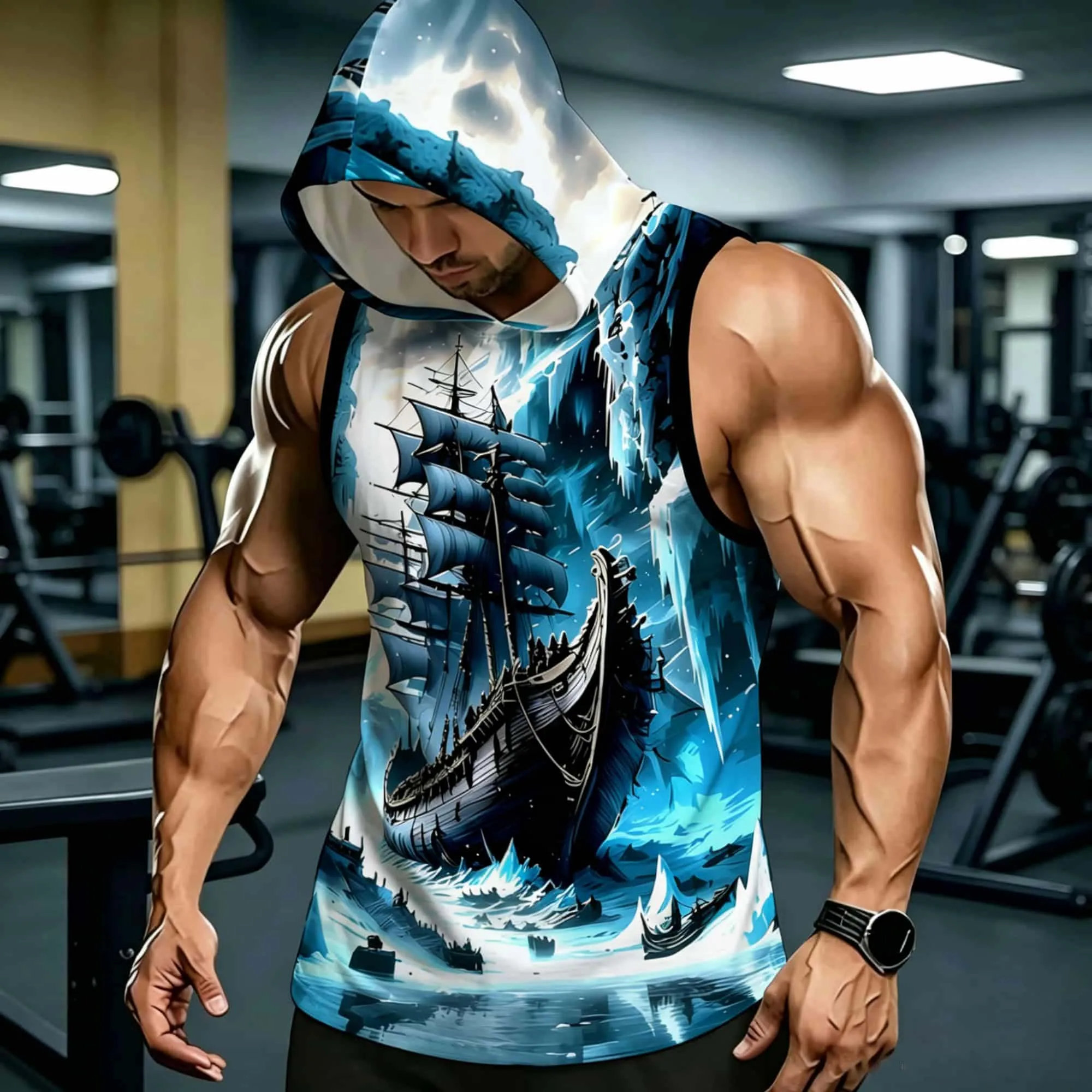 Ocean Ship Full Print ärmelloses Tanktop mit Kapuze, blau, weiß, atmungsaktiv, für Gewichtheben, nautisches Street-Gothic-Tanktop