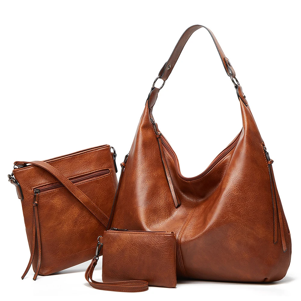 

3 PCS Set Vintage Style Ladies Shoulder Bag PU Designer Luxury Tote Bag Women's handbag High-Capacity messenger Bucket bag Purse
