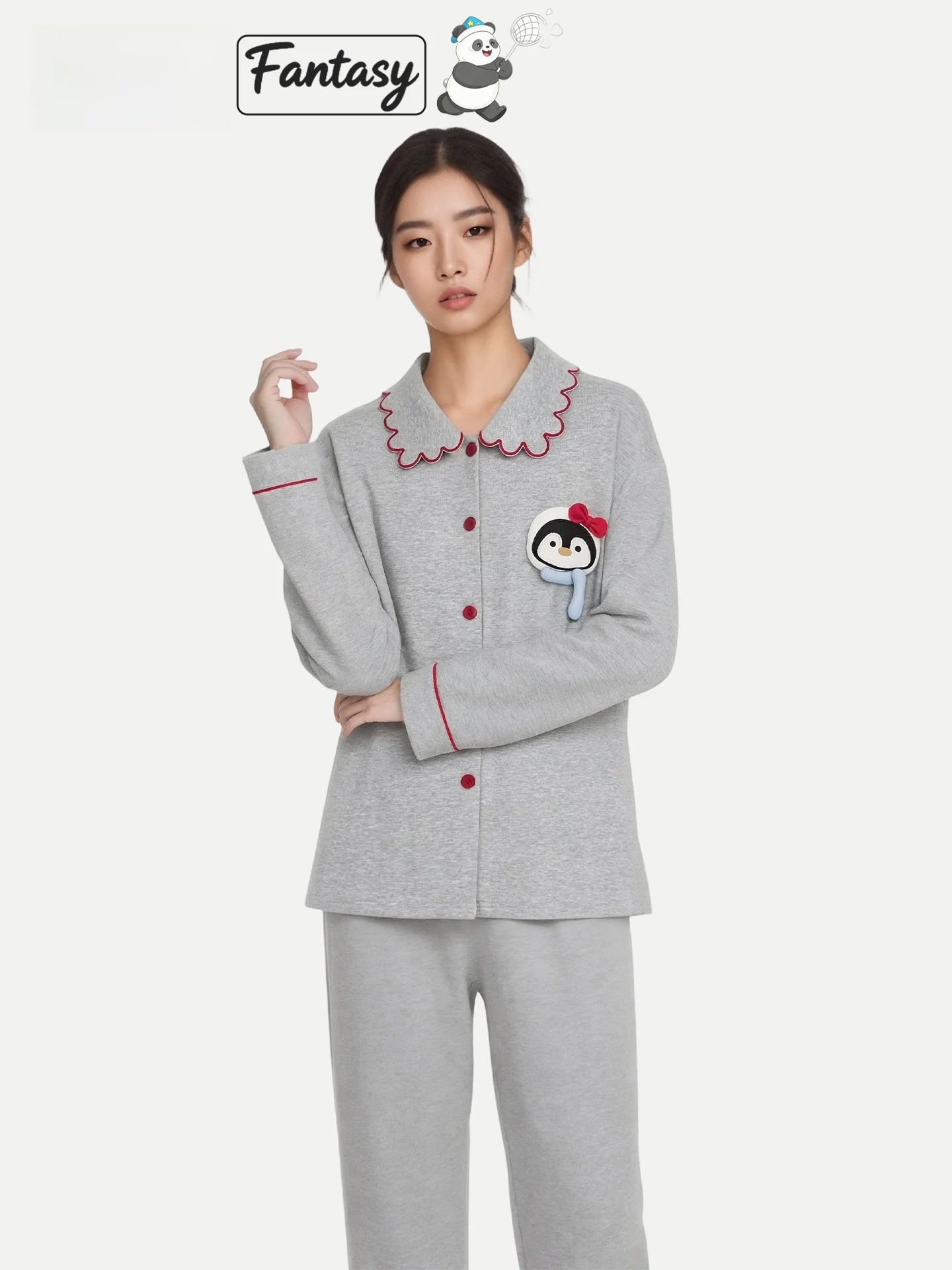 PinkBread Scarf Penguin Long Sleeve Pure Cotton Home Clothes for Women Spring Autumn Cartoon Penguin Design Sleepwear Set