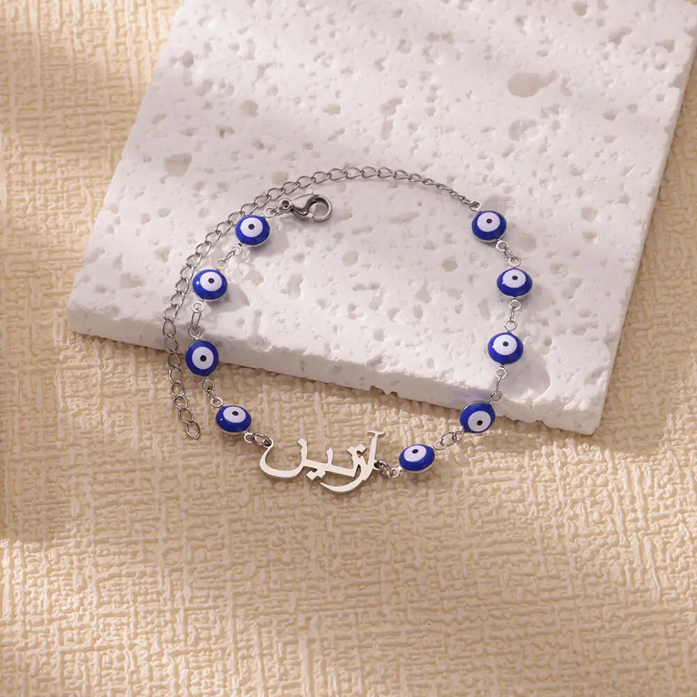 Stainless Steel Custom Name Bracelet for Women Kid Fashion Arabic Pendant Evil's Eye Bracelet Personalized Font Jewelry Gift