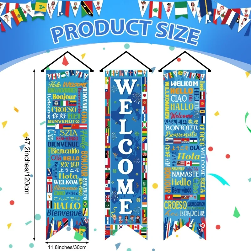 3Pcs 2D Flat International World Flags Porch Banners, Welcome Global Flag Signs for Sports Events, Club