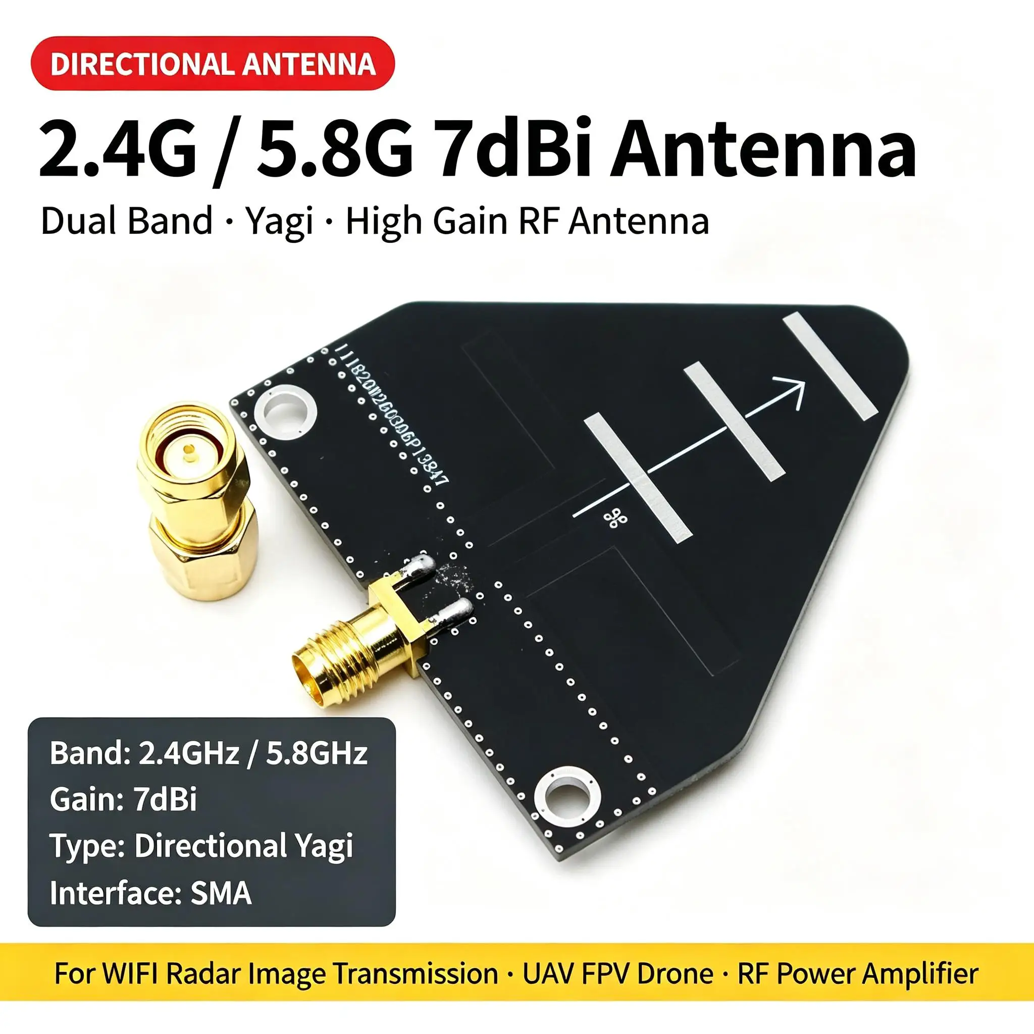 DYKB 2.4GHz 5.8GHz 7dBi Dual Band Directional Yagi Antenna SMA High Gain WiFi Radar FPV ‌Video Link‌ UAV Drone Signal Booster