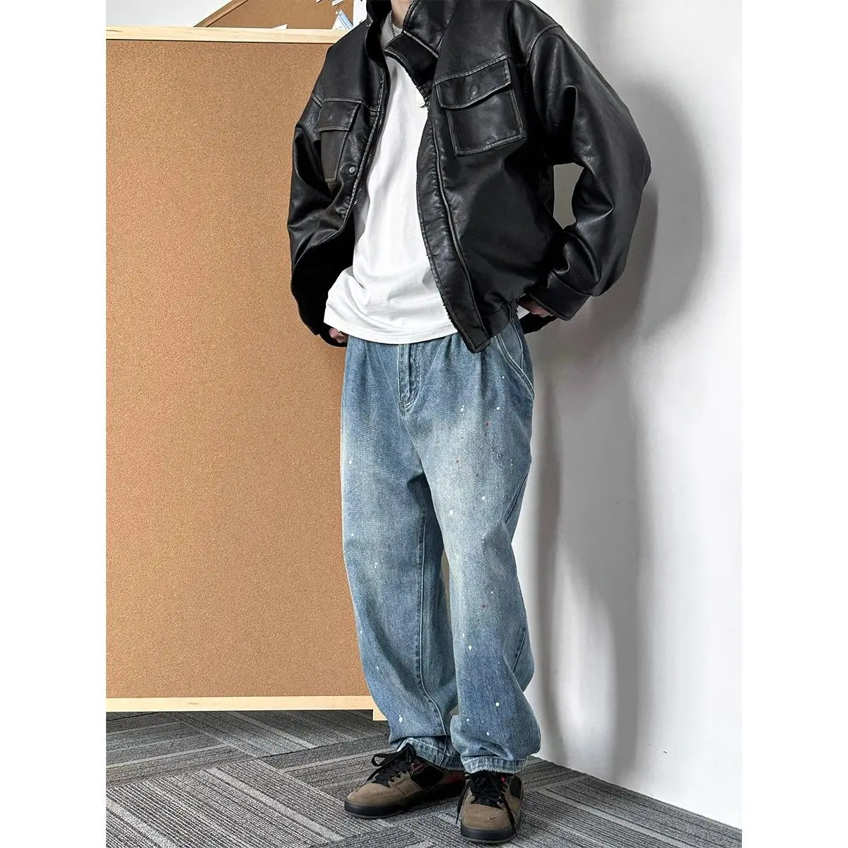 Luxury Vintage Leather Jacket Men's Clothing Autumn Winter Warm Fleece PU Leather Coats Pocket Zips Streetwear Windproof Jacket