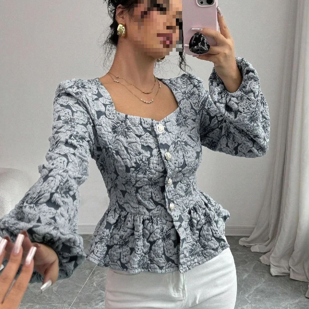 

2026 Осенняя французская винтажная блузка, приталенная рубашка с квадратным вырезом и пышными рукавами, женская укороченная топ в стиле ретро, крестьянская блузка с рюшами