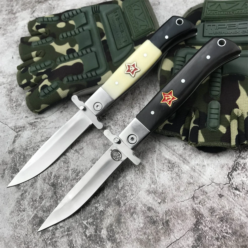 Russian Finka NKVD KGB Manual Open EDC Folding Pocket Knife Black Ebony Handle 440C Blade Mirror Finish Outdoor Camping Knives