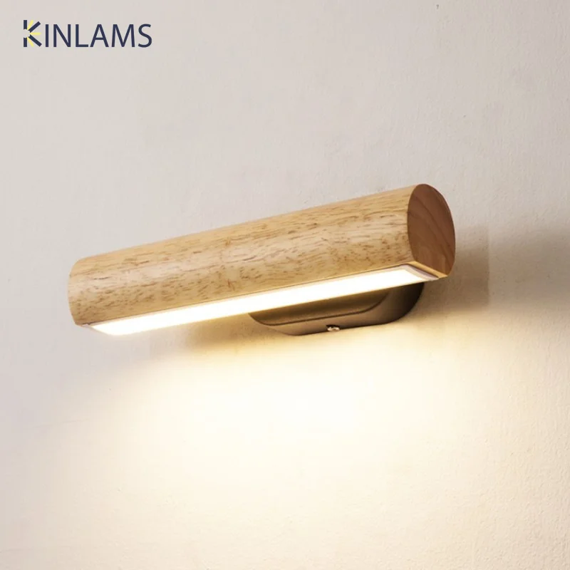 Nordic Simple Wooden LED Wall Lamp Modern Angle Adjustable Lighting Button Switch Living Room Bedroom Bedside Reading Wall Light