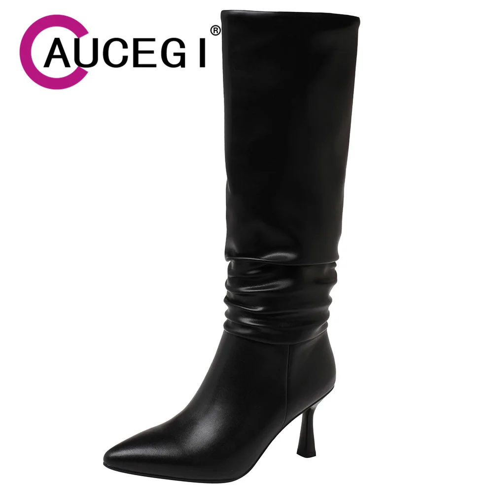 

Aucegi New Design Pleated Pointed Toe Women Temperament Knee-High Boots Designer Party Dress Thin Heels Banquet Event Shoes