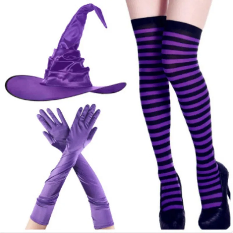 زي تنكري ساحر هالوين ، قبعة معالج سوداء طيات ، جوارب مخططة ، طقم قفازات طويلة ، إكسسوارات ديكور قبعات للكبار ، جديد #2