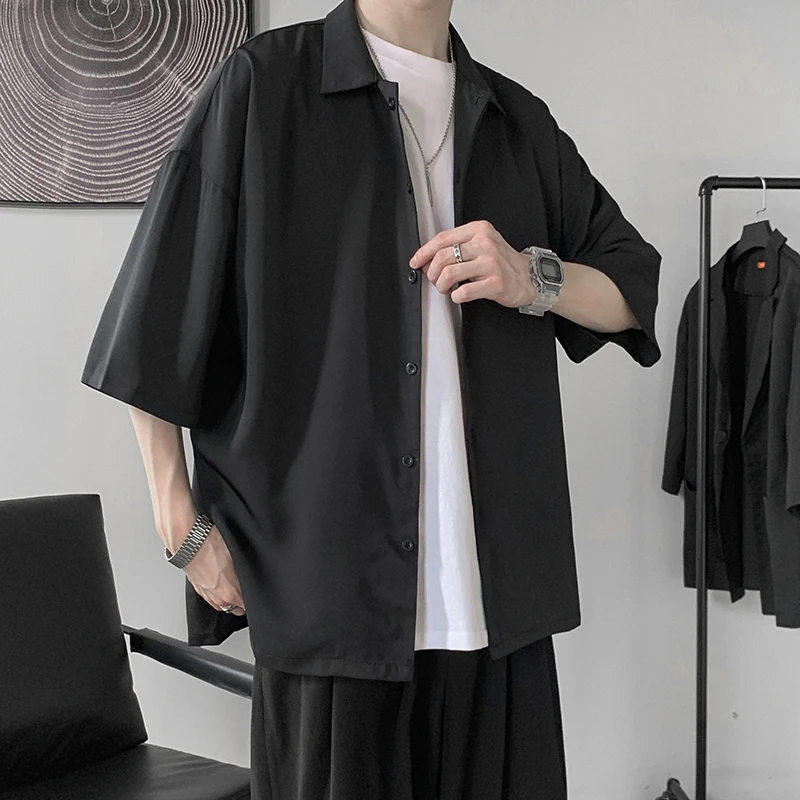 Half Sleeve Shirts Men Clothing All-match Ulzzang Fashion Students Handsome Summer Thin Casual Simply Baggy Hemden Pure Color