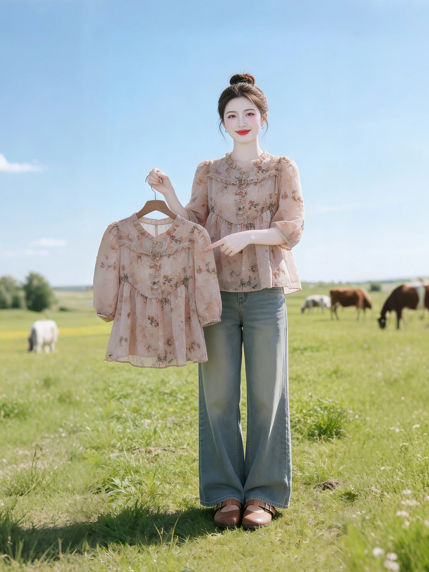 

Fashionable Women's Shirt Three-Quarter Sleeve Breathable Comfortable Korean Style Commute Friendly Casual Chic Top