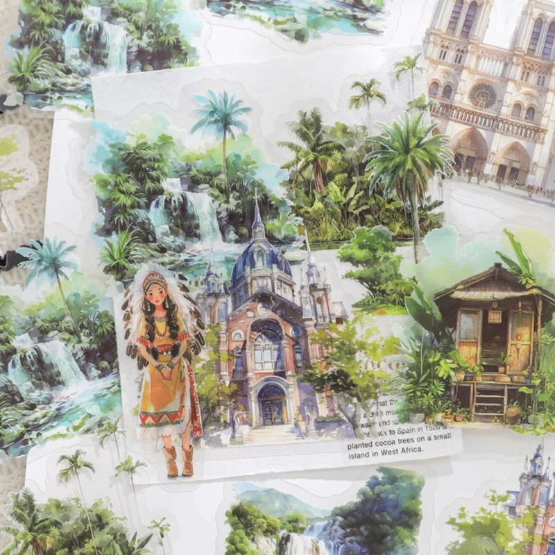 30Sheets/bag Global Journey Series PET Sticker Pack Rich Content Retro Art Stickers DIY Hand Account Collage Daily Decoration