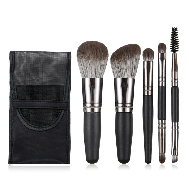 5-teiliges Lidschatten-Set für Foundation, Puder, Wimpern, Lippen, Concealer, Rouge, Naturborsten, für Reisen, tragbar, weich, Mini-Make-up-Pinsel-Set