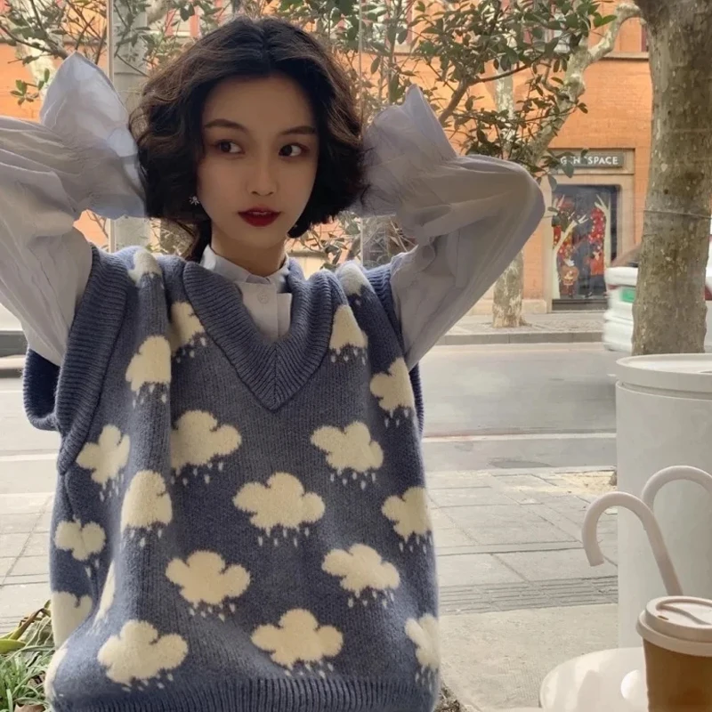 

Autumn Sleeveless Cloud Printed Knit Sweater Women Vest Pullover Loose V-neck Knitted Sweaters Top Winter Clothes Women 15990