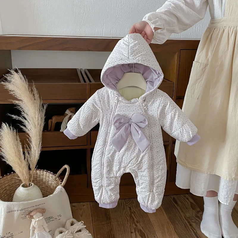 

Baby Girls Rompers 2025 Autumn Winter Fashion Sweet Cute Wawrm Thick Polka Dot Floral Print Bow Purple Jumpsuit