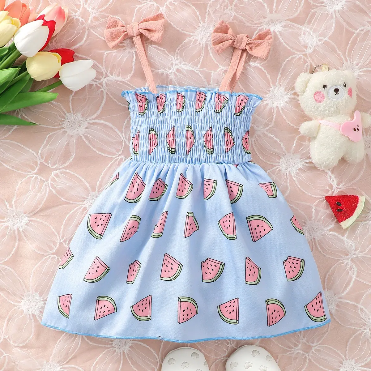 

0-3 Years Baby Girl Cute Bow Strap Dress Sleeveless Watermelon Pattern Beach Vacation Dresses Toddlers Summer Holiday Clothing
