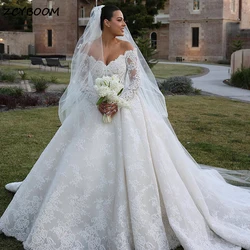 Abiti da sposa eleganti personalizzati con abito da ballo in pizzo 2024 Abiti da sposa principessa con scollo a V maniche lunghe per le donne Vestido De Novia