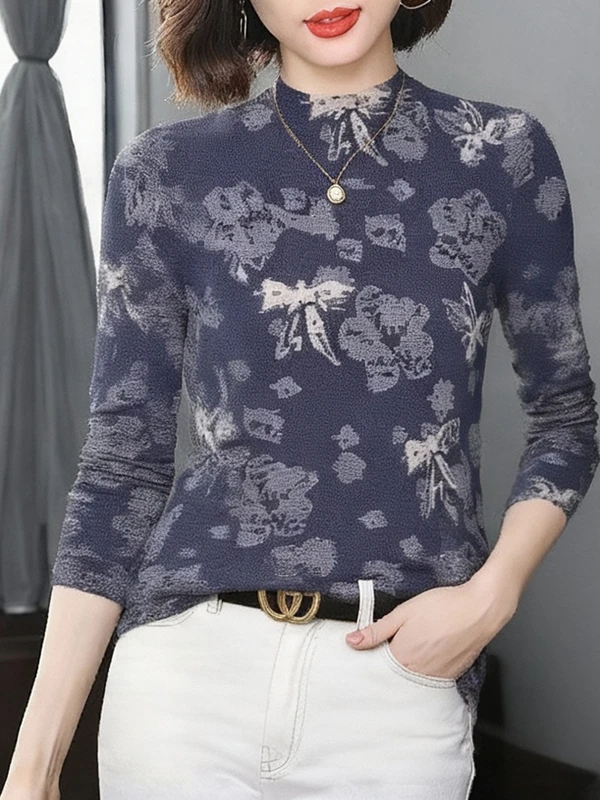 

Warmth Long Sleeve High Collar Printed Base Shirt Women's Midlife Slimming Inner Wear Fashionable Mommy's Top Casual Style