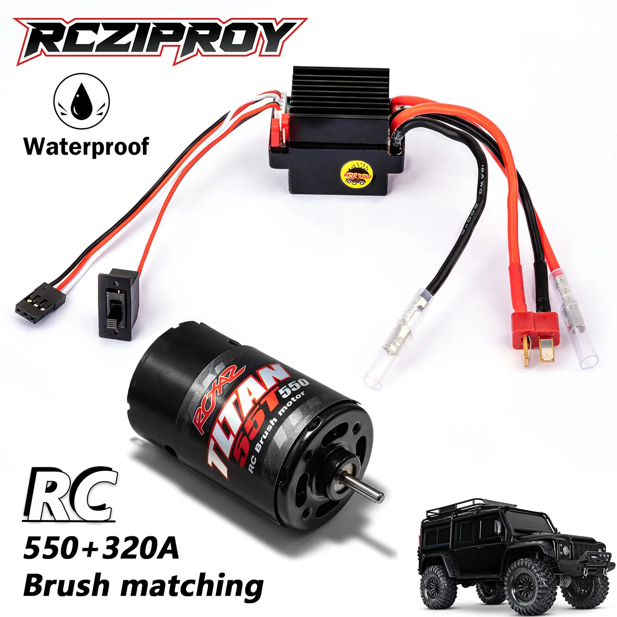 

RCZIPROY Waterproof 550 Brushed Motor & 320A ESC Combo for 1/8 1/10 RC Crawler Axial SCX10 TRX-4 Crawler Traxxas