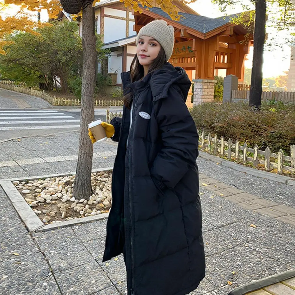 Casaco com capuz e bolsos para mulheres, algodão, windproof, até o joelho, jaqueta de inverno com zíper, retenção de calor