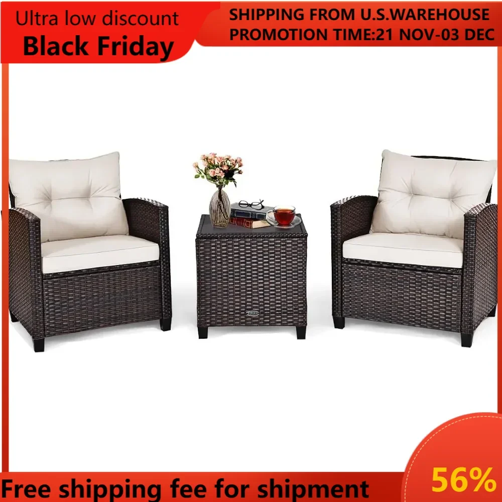 3 Pieces Patio Furniture Set, PE Rattan Wicker 3 Pcs Outdoor Sofa Set w/Washable Cushion and Tempered Glass Tabletop,