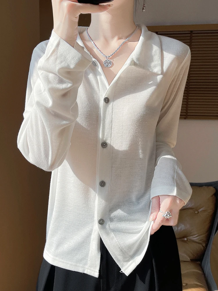 2025 New Spring Summer Fine Spun Thin knitted Shirt Long Sleeve Top Lapel Neck Knitted Women'  Clothes Fashion Elegant Soft Top