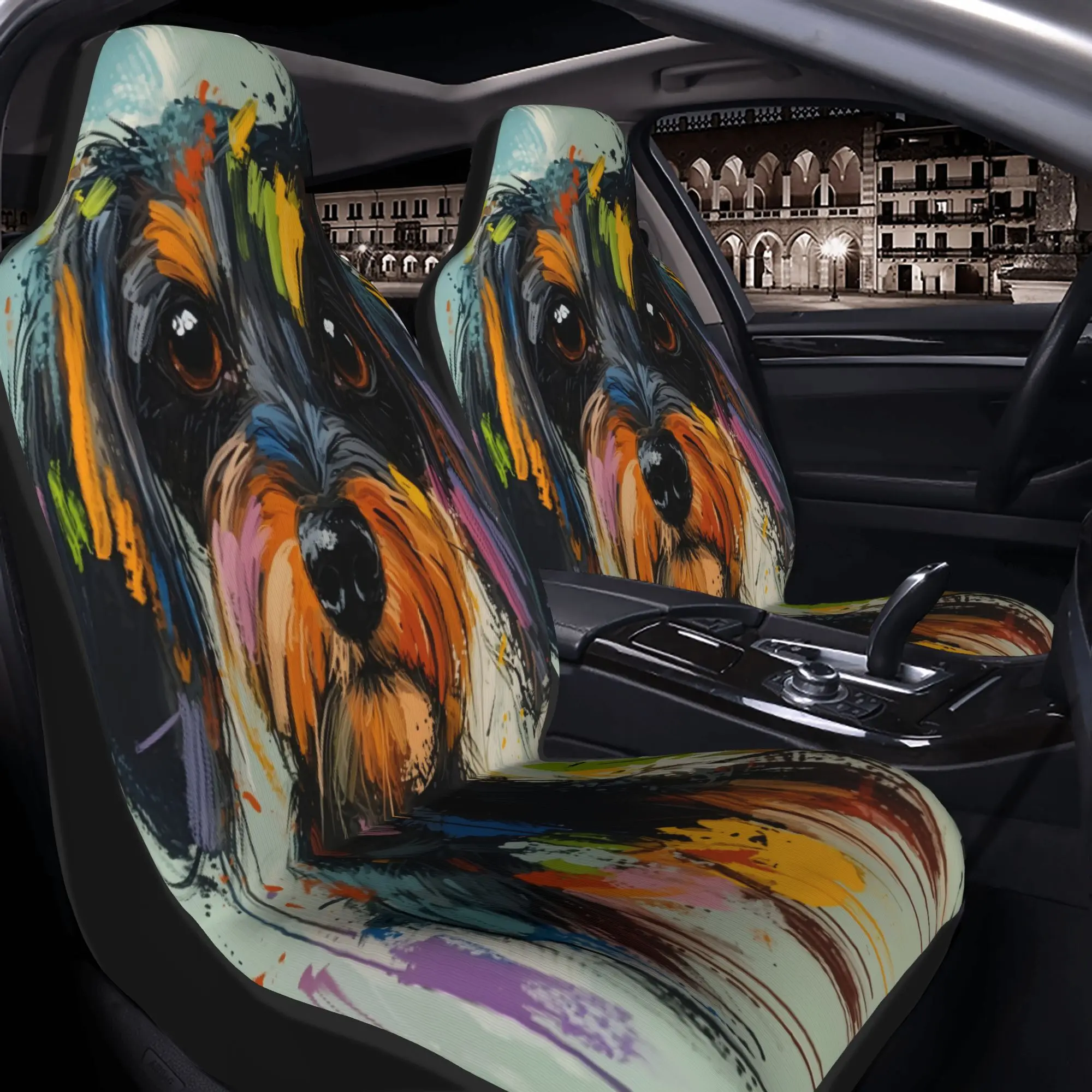 2pcs Vibrant Abstract Portrait Of A Colorful Puppy With Playful Splashes Of PaintCar Seat Covers, Suitable For All Vehicles, Chr