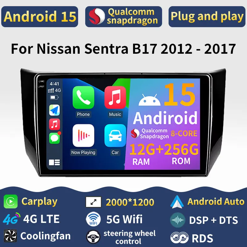 Android 15 Carplay para Nissan Sentra B17 2012 2013 2014 2015-2017 Radio de coche Auto WIFI 4G LTE reproductor de navegación GPS DSP estéreo BT