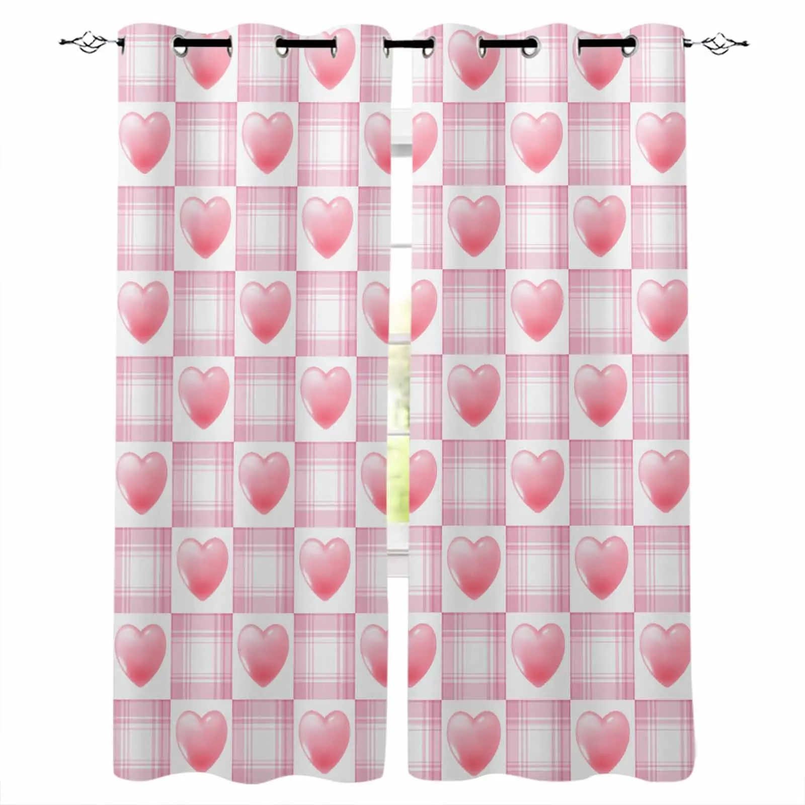 

Checkered Heart Pink Window Curtain Living Room Kitchen Curtain Panel Blackout Curtains For Bedroom