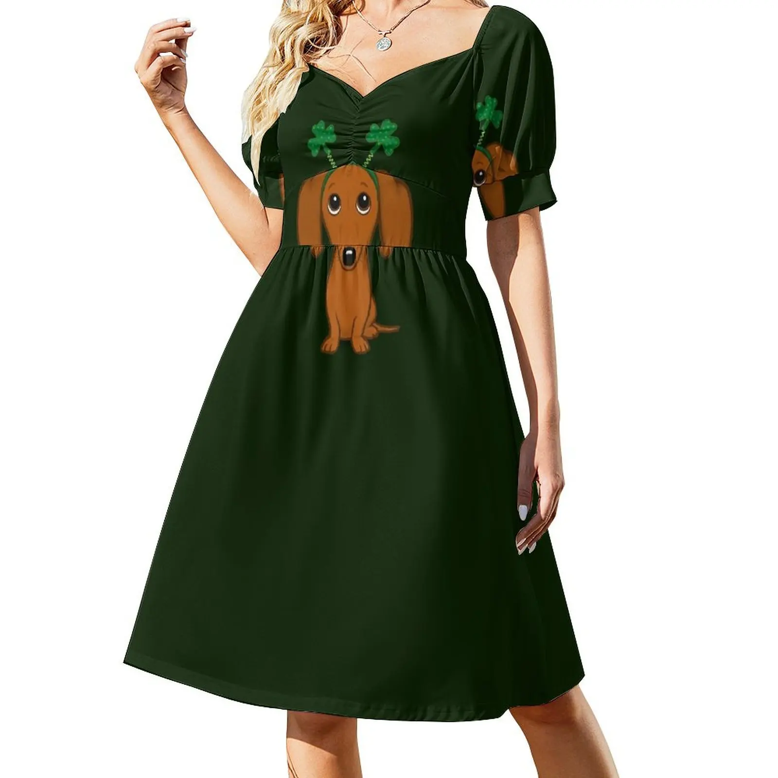 Saint Patricks's Day Dog Funny Shamrock Dachshund Cute Wiener Dog Short-Sleeved Dress women dresses Summer dresses for women