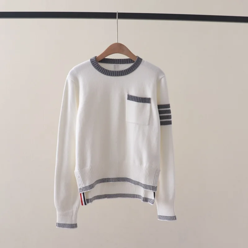 Knitted sweater with pullover, autumn and winter new style, chest pocket, color blocked, long sleeved striped base sweater