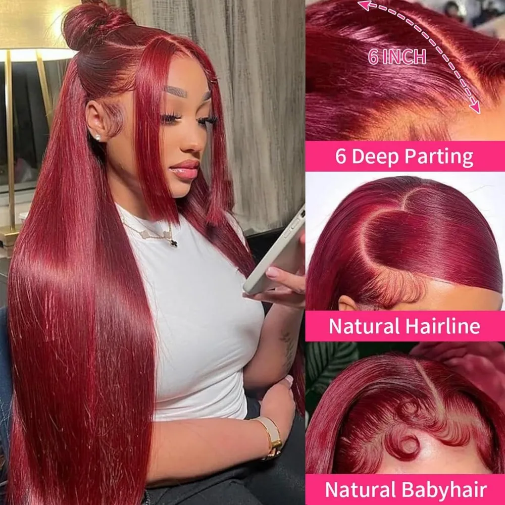 99Jバーガンディボーンストレート13x6 HDレースフロントウィッグ（黒人女性用）レッドカラー13x4 HDレースフロント人毛プレプラッキング済みウィッグ