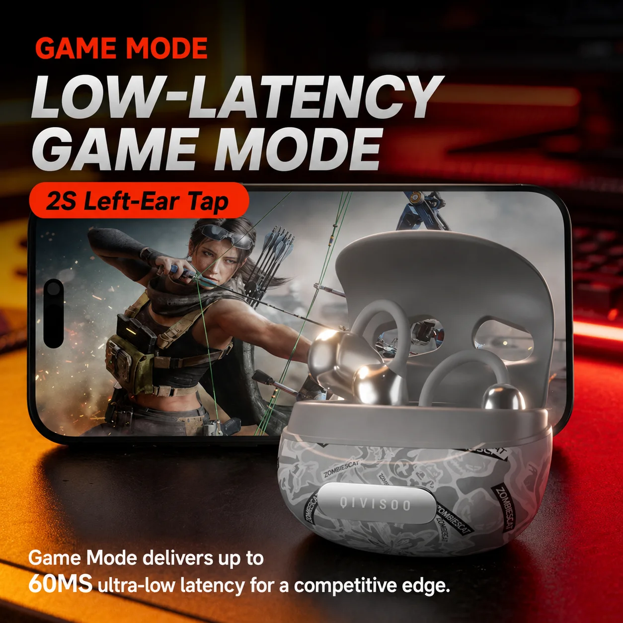 ZOMBIESCAT QCWS-B23 Clip On Gaming Earbuds 60MS Low Latency Bluetooth 6.0 True Wireless OWS Open Ear Earphones Sport Headphones