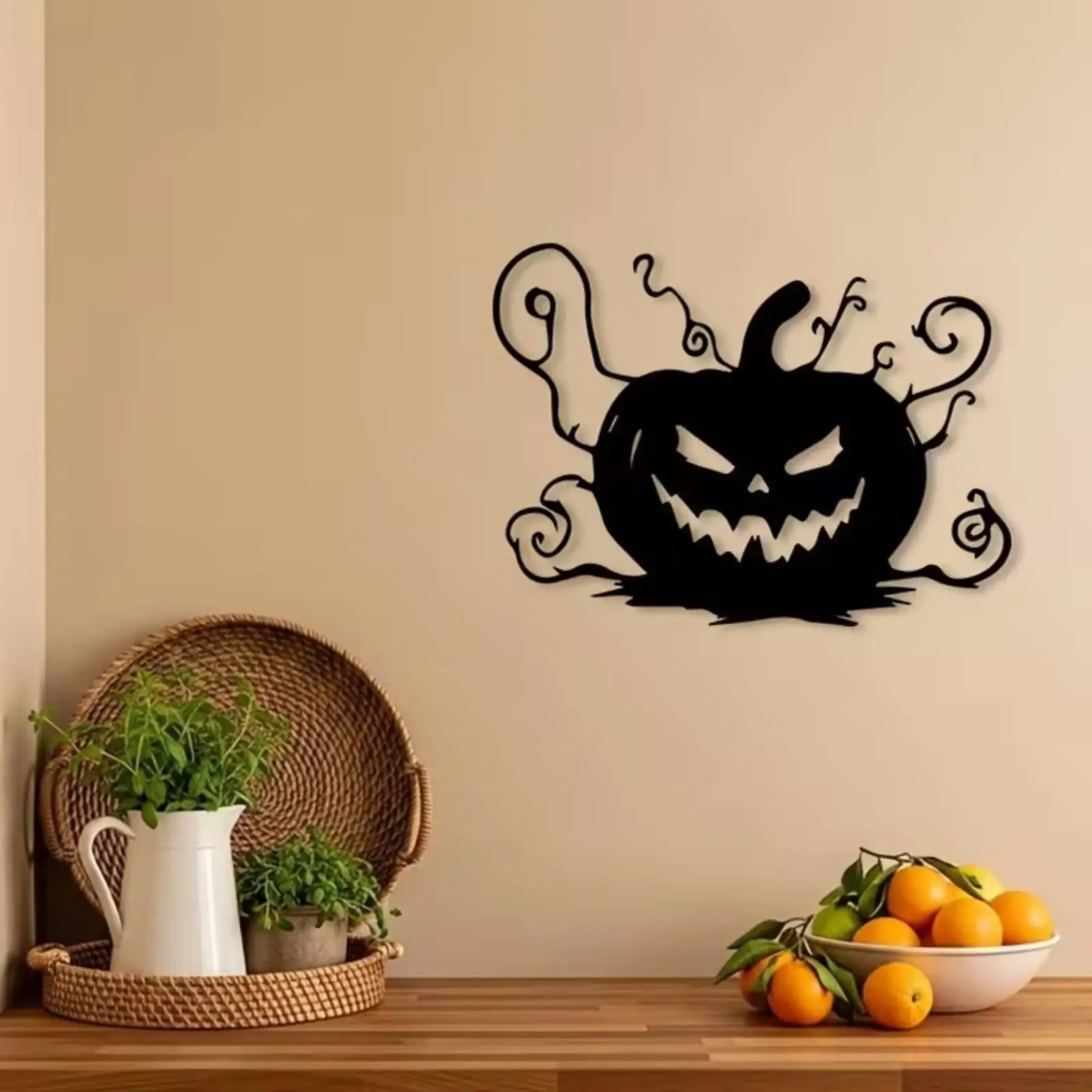 Metal Pumpkin Wall Mounted Artwork Black Iron Silhouette Spooky Vine Cutout Halloween Decor for Porch and Living Room