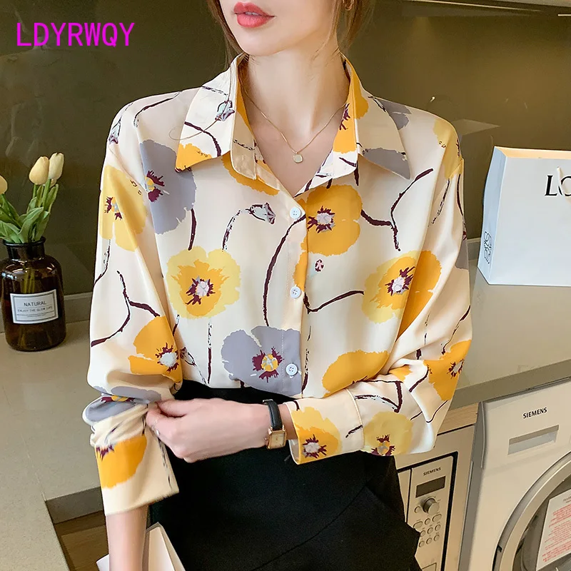 2024 Autumn New Long sleeved Chiffon Printed Shirt for Women OL Commuter Fashion Bottom Top for Women