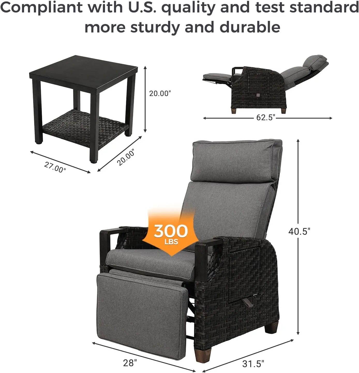 Outdoor Recliner with Coffee Table 3 Piece Set Lay Flat with Independent Adjustable Back and Footrest Removable Olefin Cushion