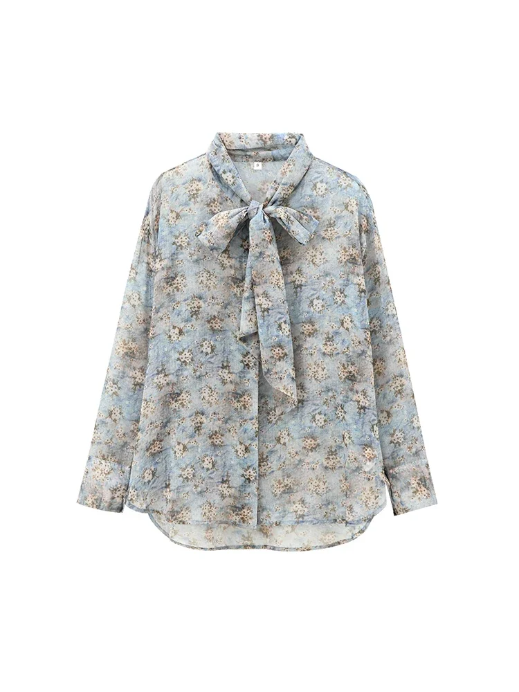 Willshela Women Fashion With Bow Printed Single Breasted Blouse Vintage Bowed Neck Long Sleeves Female Chic Lady Shirts