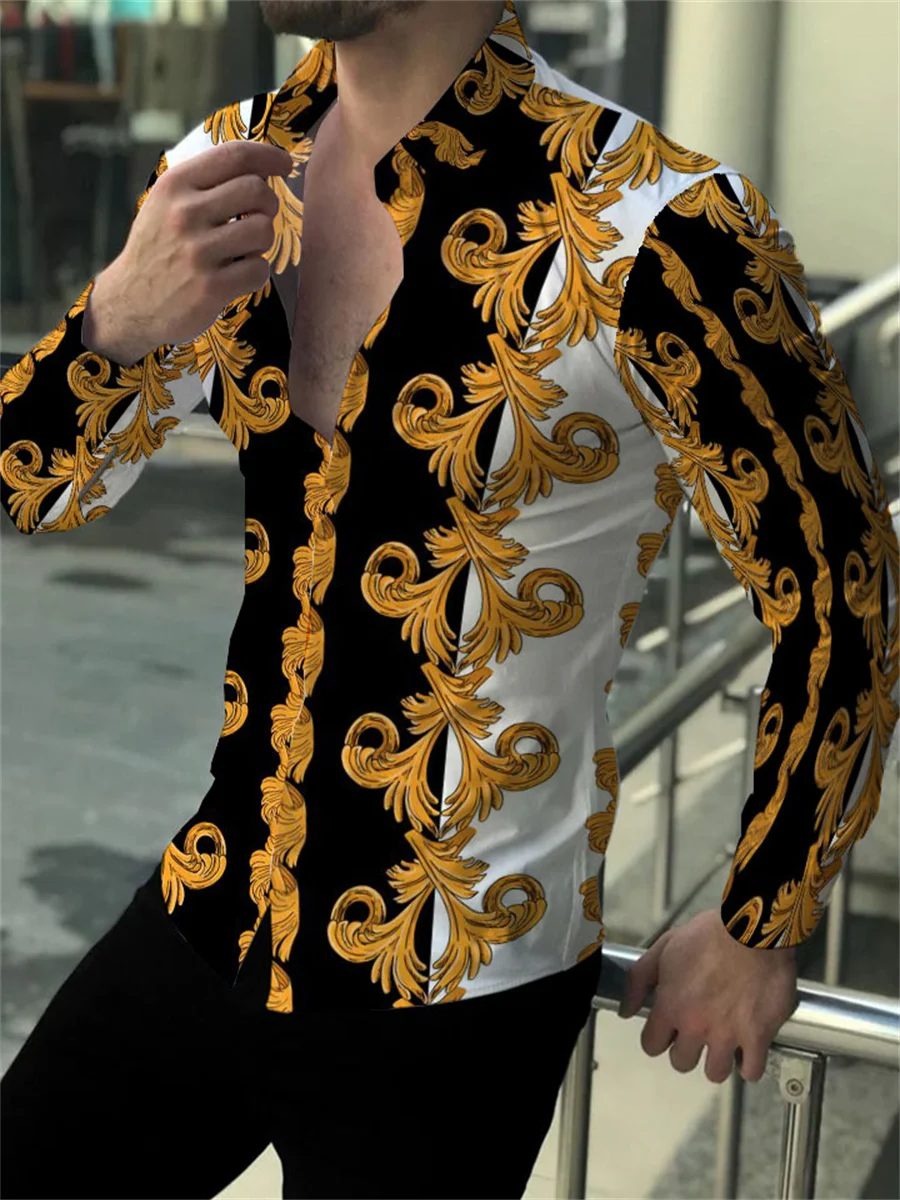 

Men's gold stripe 3D printed casual fashion classic slim fit long sleeved shirt social high-end 2024 shirt foreign trade
