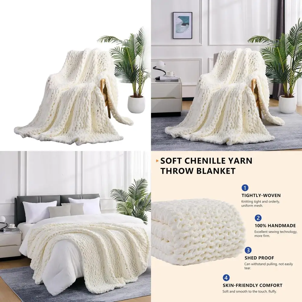 

Большое вязаное одеяло 72x84 — толстая синель ручной работы для кровати или дивана кремово-белого цвета