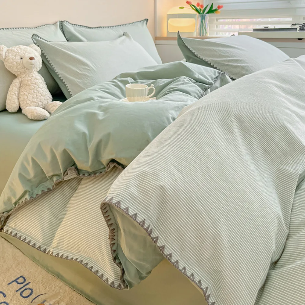 100% Cotton Washed Cotton Bedding Four Piece Set Simple Style Full Cotton Quilt Cover Fitted Sheet