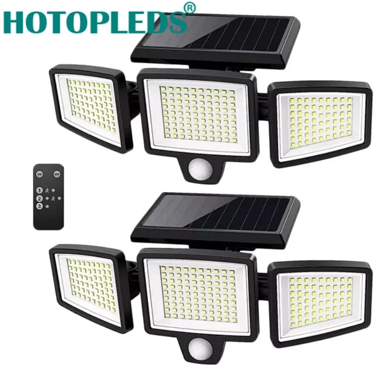 Lampu Luar Ruangan Tenaga Surya Remote Control 3 Kepala Lampu Sensor Gerak IP65 Tahan Air 270 Sudut Lebar Lampu Dinding Banjir dengan 3 Mode