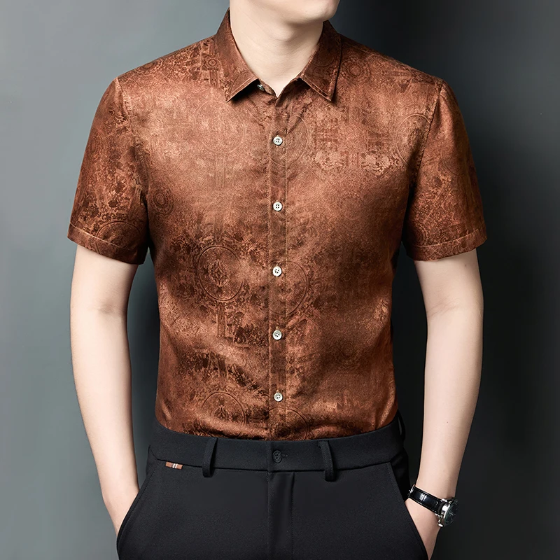 

HT6206 Coolness Silk 100% Shirts For Men Short Sleeve Jacquard Summer Quality Gambiered Canton Gauze Luxurious Camisas De Hombre