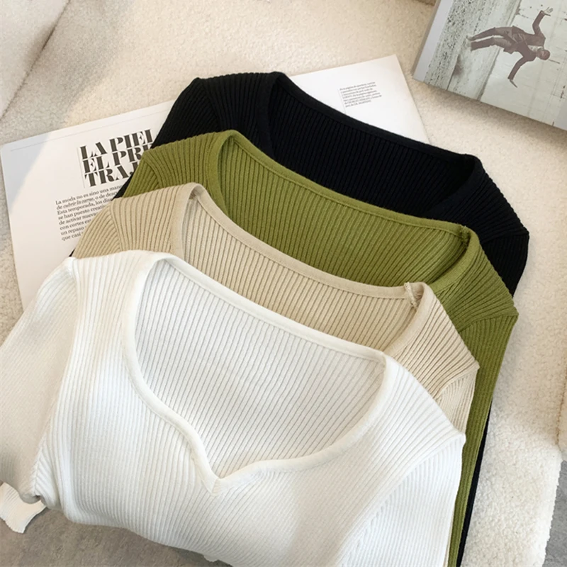 

Rib Knit Sweater Women Pullovers Layering Piece Long Sleeve Sweetheart Neck Plain Jumper Fitted Top Suéter Ligero