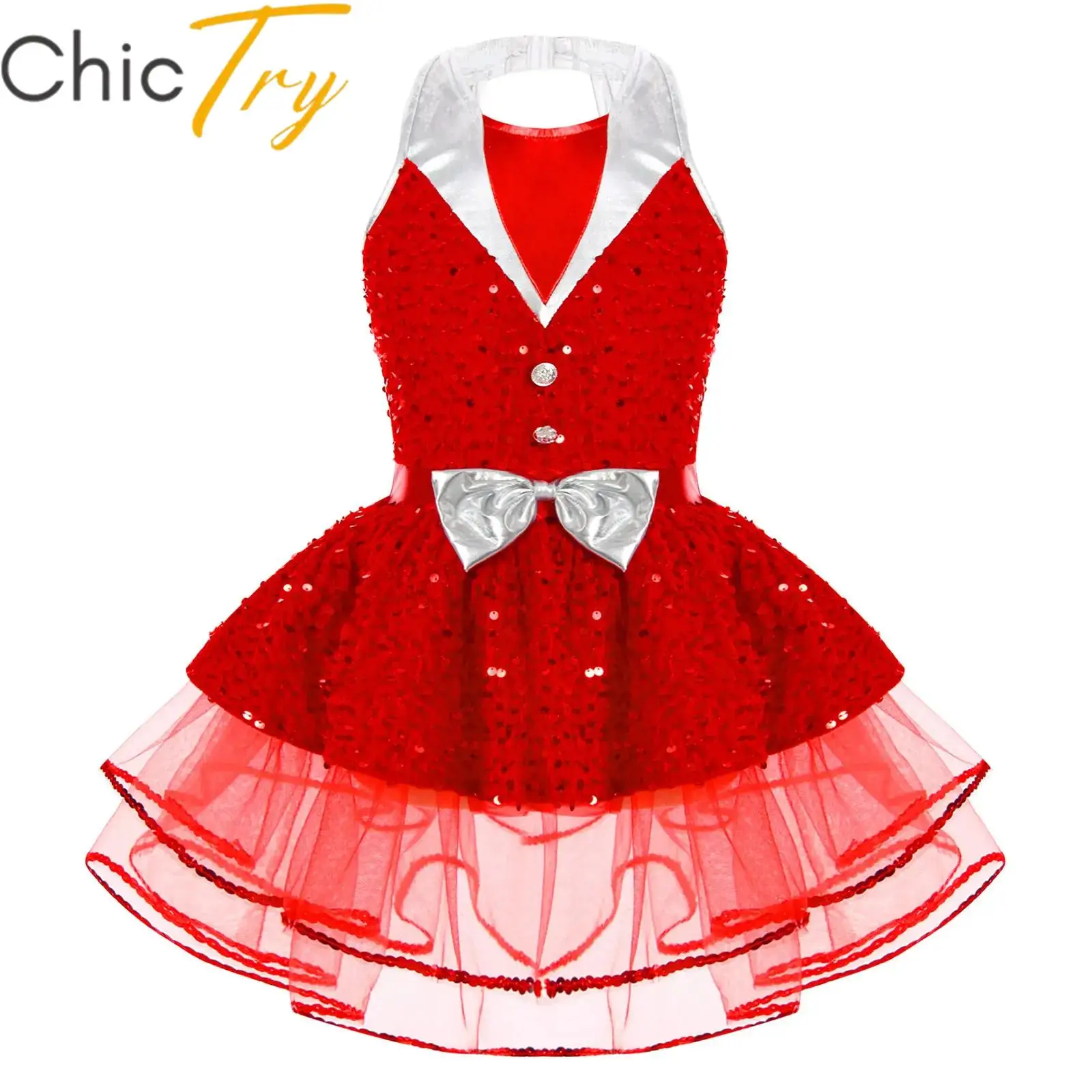 

Kid Girls Ballet Tutu Dress Gymastics Leotard Halter Sleeveless Backless Glittery Sequins Dress Figure Skating Dancewear Costume