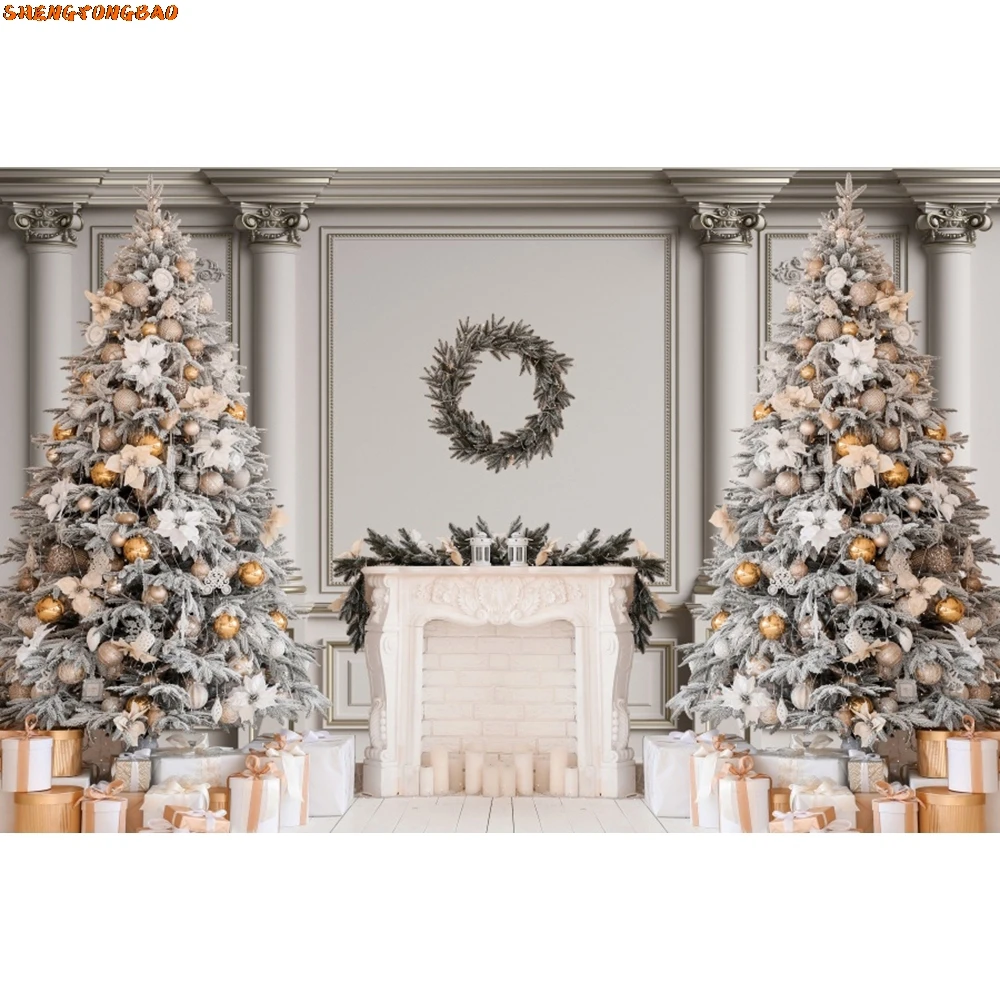 White Snow Christmas Backdrop Xmas Tree Fireplace Interior Merry Christmas Winter Family Kids Portrait Photography Background